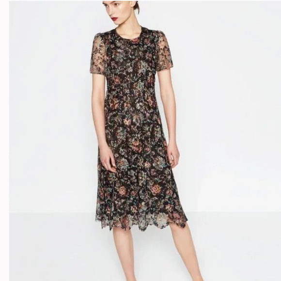 41. Zara Floral Lace Scalloped Hem Midi Dress Size So - Picture 8 of 16